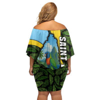 Saint Lucia Parrot Family Matching Off Shoulder Short Dress and Hawaiian Shirt with Tropical Palm Leaf and Flag Color Wave Design - Wonder Print Shop