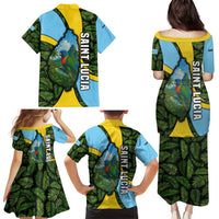 Saint Lucia Parrot Family Matching Puletasi and Hawaiian Shirt with Tropical Palm Leaf and Flag Color Wave Design - Wonder Print Shop