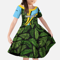 Saint Lucia Parrot Family Matching Short Sleeve Bodycon Dress and Hawaiian Shirt with Tropical Palm Leaf and Flag Color Wave Design - Wonder Print Shop