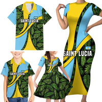 Saint Lucia Parrot Family Matching Short Sleeve Bodycon Dress and Hawaiian Shirt with Tropical Palm Leaf and Flag Color Wave Design - Wonder Print Shop