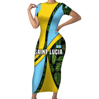Saint Lucia Parrot Family Matching Short Sleeve Bodycon Dress and Hawaiian Shirt with Tropical Palm Leaf and Flag Color Wave Design - Wonder Print Shop