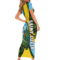 Saint Lucia Parrot Family Matching Short Sleeve Bodycon Dress and Hawaiian Shirt with Tropical Palm Leaf and Flag Color Wave Design - Wonder Print Shop