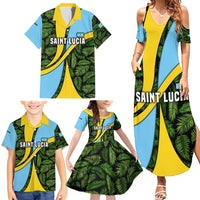 Saint Lucia Parrot Family Matching Summer Maxi Dress and Hawaiian Shirt with Tropical Palm Leaf and Flag Color Wave Design - Wonder Print Shop