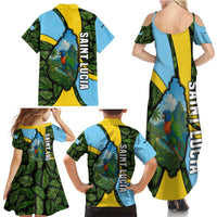 Saint Lucia Parrot Family Matching Summer Maxi Dress and Hawaiian Shirt with Tropical Palm Leaf and Flag Color Wave Design - Wonder Print Shop