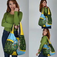 Saint Lucia Parrot Grocery Bag with Tropical Palm Leaf and Flag Color Wave Design - Wonder Print Shop