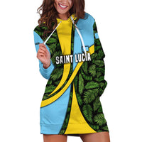 Saint Lucia Parrot Hoodie Dress with Tropical Palm Leaf and Flag Color Wave Design - Wonder Print Shop