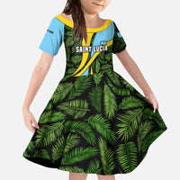 Saint Lucia Parrot Kid Short Sleeve Dress with Tropical Palm Leaf and Flag Color Wave Design - Wonder Print Shop