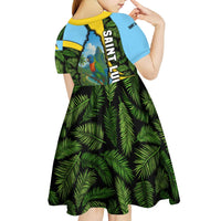 Saint Lucia Parrot Kid Short Sleeve Dress with Tropical Palm Leaf and Flag Color Wave Design - Wonder Print Shop