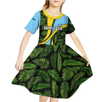Saint Lucia Parrot Kid Short Sleeve Dress with Tropical Palm Leaf and Flag Color Wave Design - Wonder Print Shop