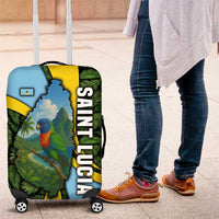 Saint Lucia Parrot Luggage Cover with Tropical Palm Leaf and Flag Color Wave Design - Wonder Print Shop