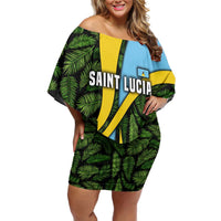 Saint Lucia Parrot Off Shoulder Short Dress with Tropical Palm Leaf and Flag Color Wave Design - Wonder Print Shop