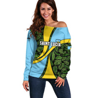 Saint Lucia Parrot Off Shoulder Sweater with Tropical Palm Leaf and Flag Color Wave Design - Wonder Print Shop