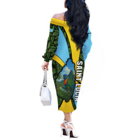 Saint Lucia Parrot Off The Shoulder Long Sleeve Dress with Tropical Palm Leaf and Flag Color Wave Design - Wonder Print Shop
