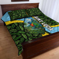 Saint Lucia Parrot Quilt Bed Set with Tropical Palm Leaf and Flag Color Wave Design - Wonder Print Shop