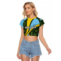 Saint Lucia Parrot Raglan Cropped T Shirt with Tropical Palm Leaf and Flag Color Wave Design - Wonder Print Shop