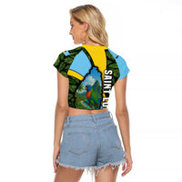 Saint Lucia Parrot Raglan Cropped T Shirt with Tropical Palm Leaf and Flag Color Wave Design - Wonder Print Shop