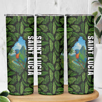 Saint Lucia Parrot Skinny Tumbler with Tropical Palm Leaf and Flag Color Wave Design - Wonder Print Shop