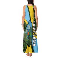 Saint Lucia Parrot Tank Maxi Dress with Tropical Palm Leaf and Flag Color Wave Design - Wonder Print Shop