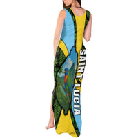 Saint Lucia Parrot Tank Maxi Dress with Tropical Palm Leaf and Flag Color Wave Design - Wonder Print Shop