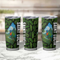 Saint Lucia Parrot Tumbler Cup with Tropical Palm Leaf and Flag Color Wave Design - Wonder Print Shop