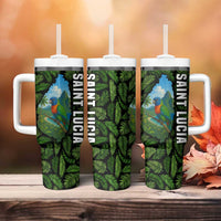 Saint Lucia Parrot Tumbler With Handle with Tropical Palm Leaf and Flag Color Wave Design - Wonder Print Shop