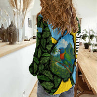 Saint Lucia Parrot Women Casual Shirt with Tropical Palm Leaf and Flag Color Wave Design - Wonder Print Shop