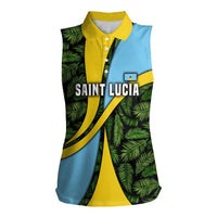 Saint Lucia Parrot Women Sleeveless Polo Shirt with Tropical Palm Leaf and Flag Color Wave Design - Wonder Print Shop