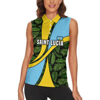 Saint Lucia Parrot Women Sleeveless Polo Shirt with Tropical Palm Leaf and Flag Color Wave Design - Wonder Print Shop