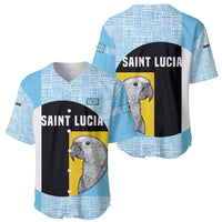 Saint Lucia Graphic Parrot Baseball Jersey with Tribal Pattern and Minimalist Blue Black Design - Wonder Print Shop