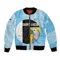 Saint Lucia Graphic Parrot Bomber Jacket with Tribal Pattern and Minimalist Blue Black Design - Wonder Print Shop