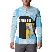 Saint Lucia Graphic Parrot Button Sweatshirt with Tribal Pattern and Minimalist Blue Black Design - Wonder Print Shop