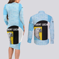 Saint Lucia Graphic Parrot Couples Matching Long Sleeve Bodycon Dress and Long Sleeve Button Shirt with Tribal Pattern and Minimalist Blue Black Design - Wonder Print Shop