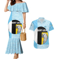Saint Lucia Graphic Parrot Couples Matching Mermaid Dress and Hawaiian Shirt with Tribal Pattern and Minimalist Blue Black Design - Wonder Print Shop