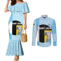 Saint Lucia Graphic Parrot Couples Matching Mermaid Dress and Long Sleeve Button Shirt with Tribal Pattern and Minimalist Blue Black Design - Wonder Print Shop