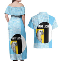 Saint Lucia Graphic Parrot Couples Matching Off Shoulder Maxi Dress and Hawaiian Shirt with Tribal Pattern and Minimalist Blue Black Design - Wonder Print Shop