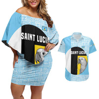 Saint Lucia Graphic Parrot Couples Matching Off Shoulder Short Dress and Hawaiian Shirt with Tribal Pattern and Minimalist Blue Black Design - Wonder Print Shop