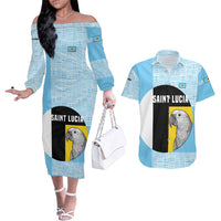 Saint Lucia Graphic Parrot Couples Matching Off The Shoulder Long Sleeve Dress and Hawaiian Shirt with Tribal Pattern and Minimalist Blue Black Design - Wonder Print Shop