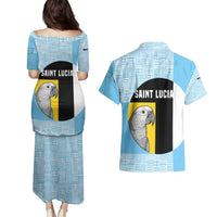 Saint Lucia Graphic Parrot Couples Matching Puletasi and Hawaiian Shirt with Tribal Pattern and Minimalist Blue Black Design - Wonder Print Shop