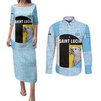 Saint Lucia Graphic Parrot Couples Matching Puletasi and Long Sleeve Button Shirt with Tribal Pattern and Minimalist Blue Black Design - Wonder Print Shop