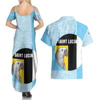 Saint Lucia Graphic Parrot Couples Matching Summer Maxi Dress and Hawaiian Shirt with Tribal Pattern and Minimalist Blue Black Design - Wonder Print Shop