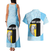 Saint Lucia Graphic Parrot Couples Matching Tank Maxi Dress and Hawaiian Shirt with Tribal Pattern and Minimalist Blue Black Design - Wonder Print Shop