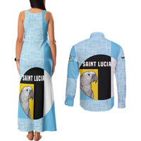 Saint Lucia Graphic Parrot Couples Matching Tank Maxi Dress and Long Sleeve Button Shirt with Tribal Pattern and Minimalist Blue Black Design - Wonder Print Shop