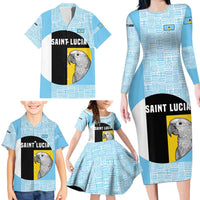 Saint Lucia Graphic Parrot Family Matching Long Sleeve Bodycon Dress and Hawaiian Shirt with Tribal Pattern and Minimalist Blue Black Design - Wonder Print Shop