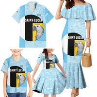 Saint Lucia Graphic Parrot Family Matching Mermaid Dress and Hawaiian Shirt with Tribal Pattern and Minimalist Blue Black Design - Wonder Print Shop