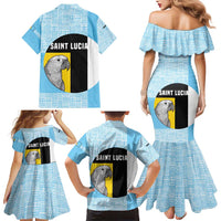 Saint Lucia Graphic Parrot Family Matching Mermaid Dress and Hawaiian Shirt with Tribal Pattern and Minimalist Blue Black Design - Wonder Print Shop