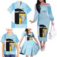 Saint Lucia Graphic Parrot Family Matching Off The Shoulder Long Sleeve Dress and Hawaiian Shirt with Tribal Pattern and Minimalist Blue Black Design - Wonder Print Shop