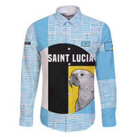 Saint Lucia Graphic Parrot Family Matching Off The Shoulder Long Sleeve Dress and Hawaiian Shirt with Tribal Pattern and Minimalist Blue Black Design - Wonder Print Shop