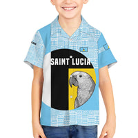 Saint Lucia Graphic Parrot Family Matching Off The Shoulder Long Sleeve Dress and Hawaiian Shirt with Tribal Pattern and Minimalist Blue Black Design - Wonder Print Shop