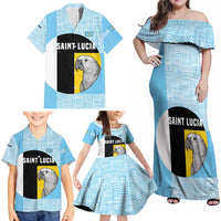 Saint Lucia Graphic Parrot Family Matching Off Shoulder Maxi Dress and Hawaiian Shirt with Tribal Pattern and Minimalist Blue Black Design - Wonder Print Shop