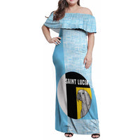 Saint Lucia Graphic Parrot Family Matching Off Shoulder Maxi Dress and Hawaiian Shirt with Tribal Pattern and Minimalist Blue Black Design - Wonder Print Shop